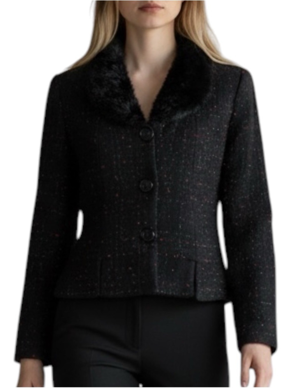 Jessica Howard Black Tweed Fur Collar Cropped Jacket NWOT Size 6 Retro Chic